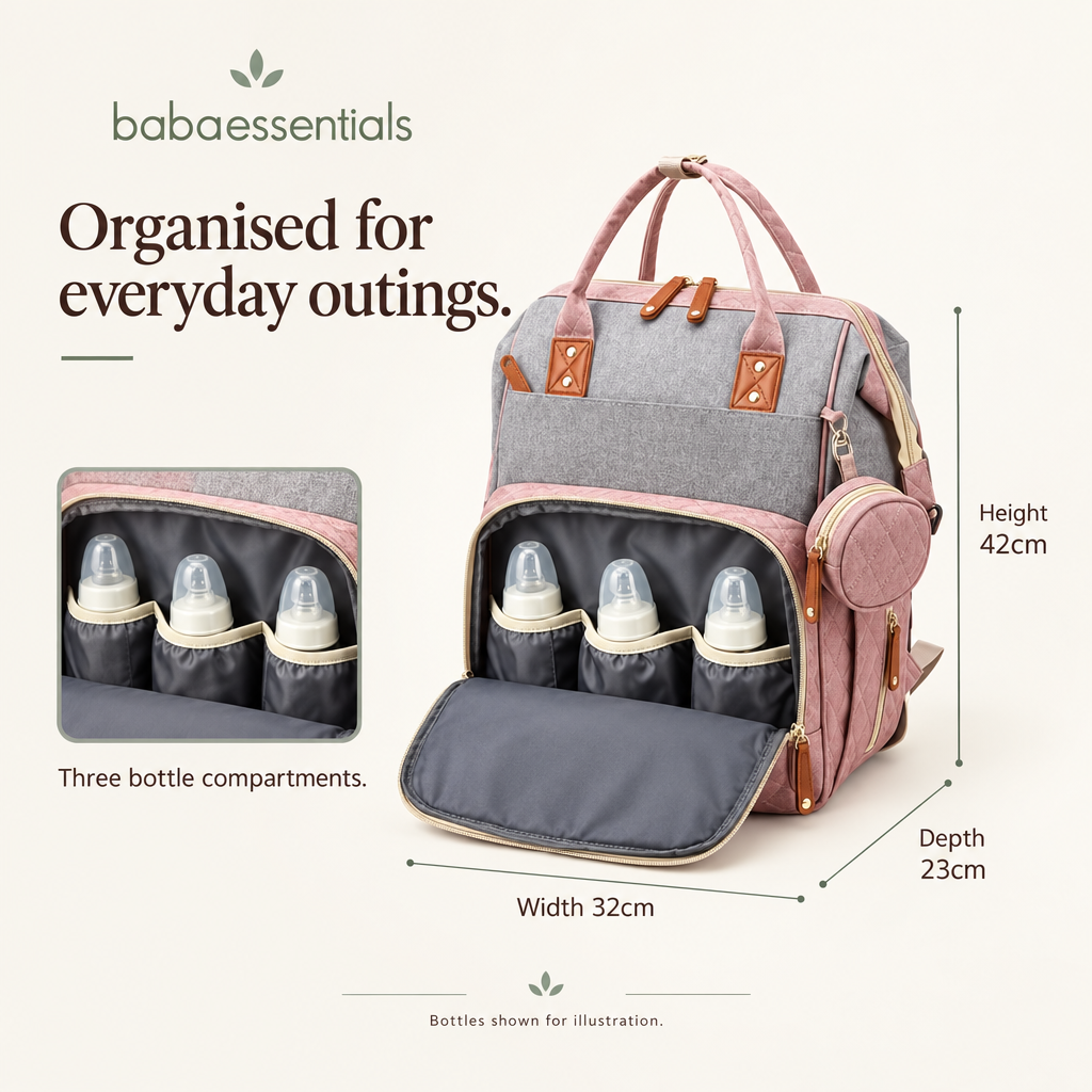 Babaessentials backpack bottle storage and dimensions