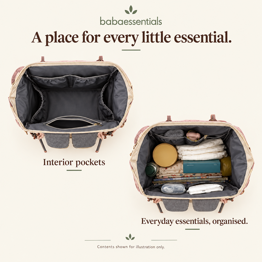 Babaessentials backpack interior storage image in cream and brown