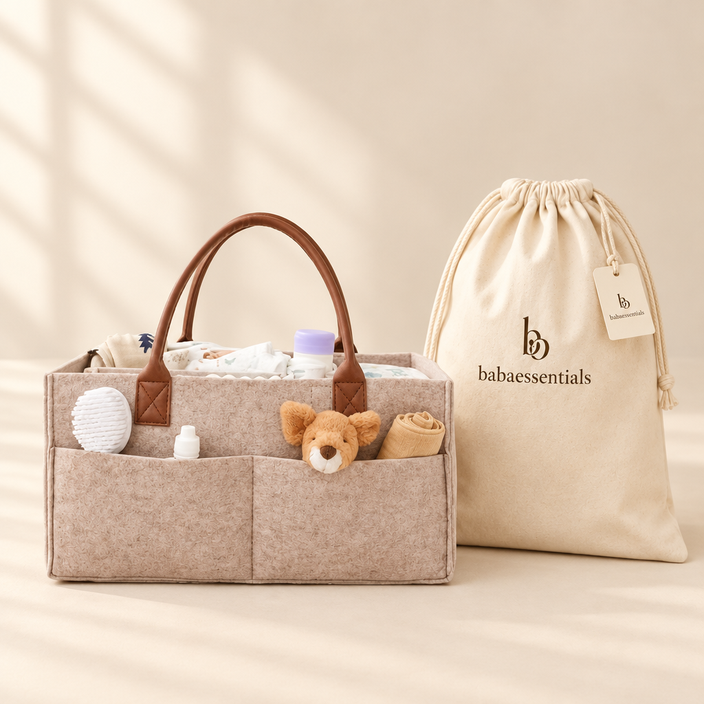 Nappy organiser caddy with babaessentials packaging
