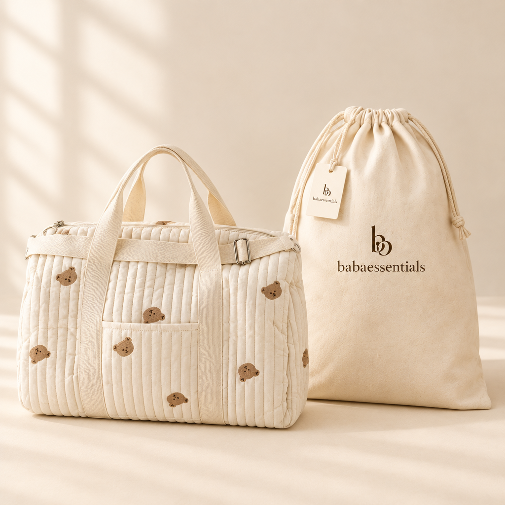 Teddy-print quilted tote with babaessentials packaging