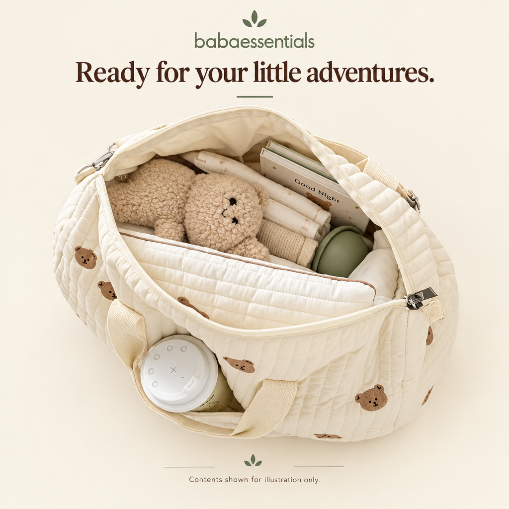 Teddy-print tote packed with everyday essentials